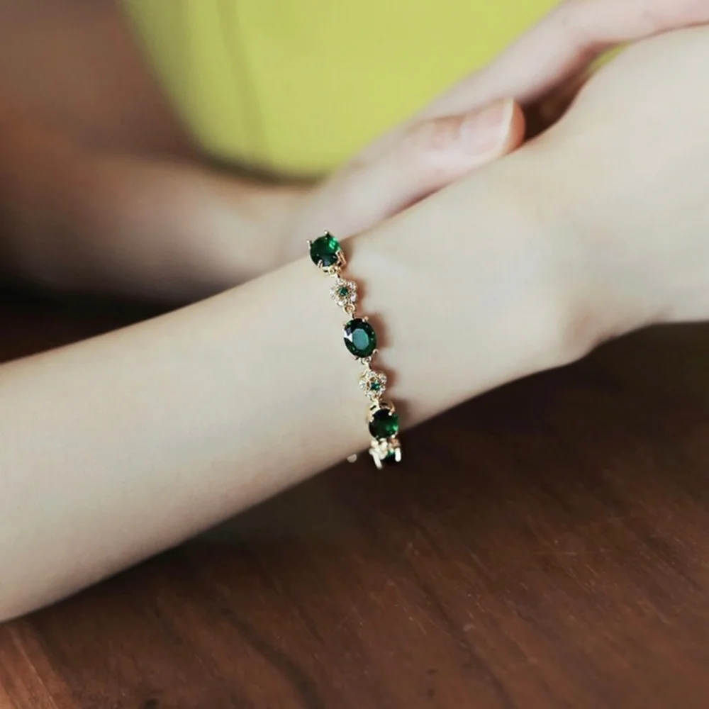 18K Gold Plated Green Crystal Emerald Charm Bracelet for Women - Picture 5 of 5